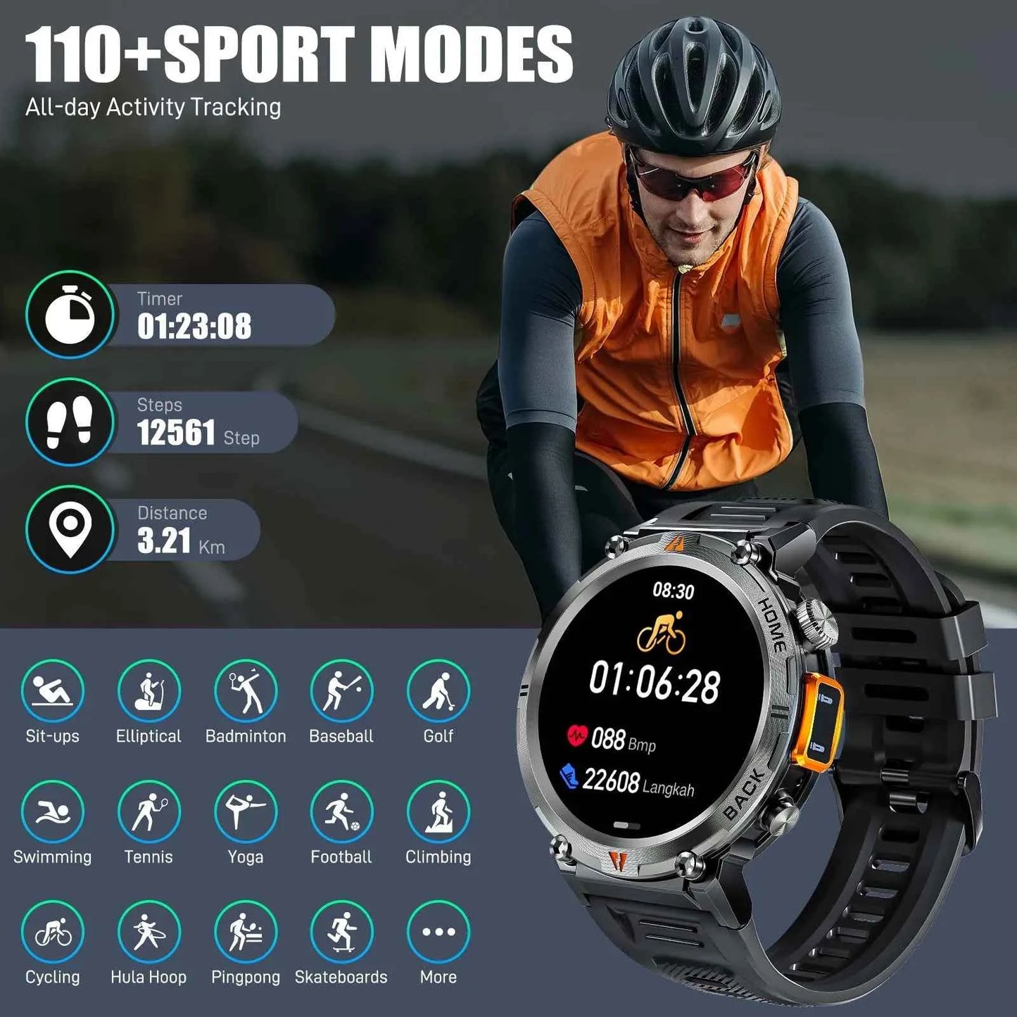KE3 Military Smart Watch with Bluetooth Calls, Health Monitor, and LED Flashlight for Men - Flexivo