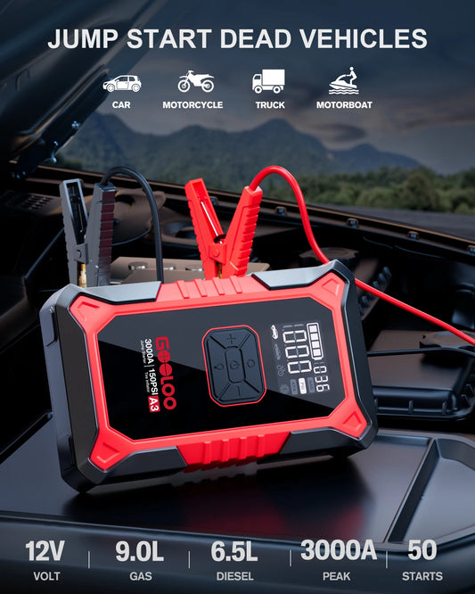 Jump Starter & Air Compressor — 3000A Peak, 12000mAh, 150PSI for Gas & Diesel Engines - Flexivo