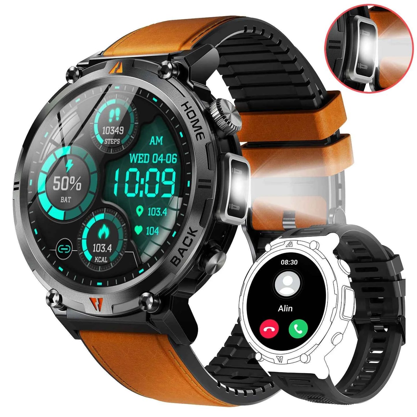 KE3 Military Smart Watch with Bluetooth Calls, Health Monitor, and LED Flashlight for Men - Flexivo