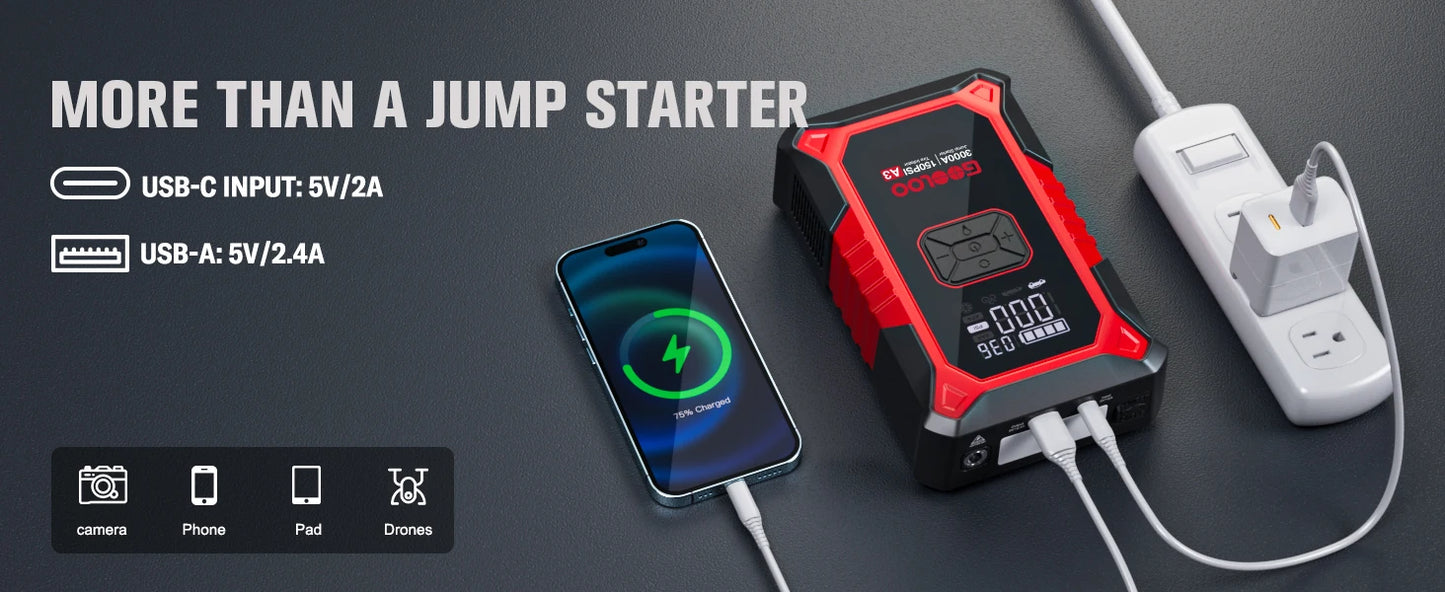 Jump Starter & Air Compressor — 3000A Peak, 12000mAh, 150PSI for Gas & Diesel Engines - Flexivo