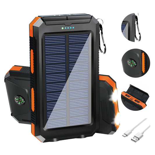 20000mAh Solar Power Bank - Waterproof Portable Charger with Dual USB Ports & LED Flashlight