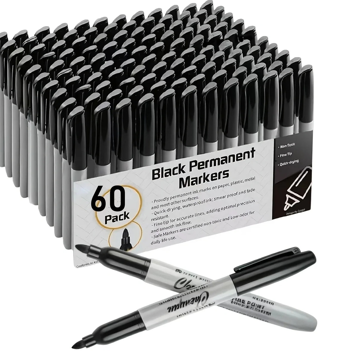 60-Pack Fine Point Permanent Markers — Bulk Set for Classroom & Office