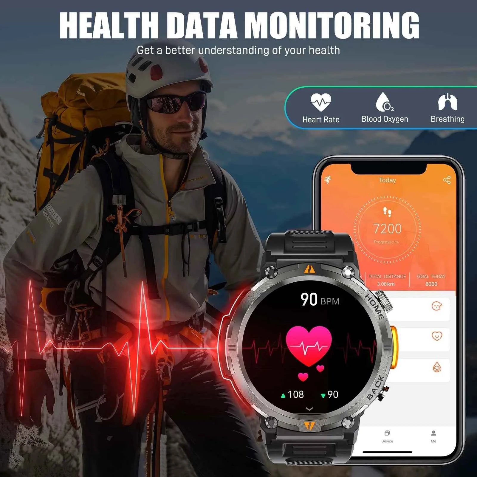 KE3 Military Smart Watch with Bluetooth Calls, Health Monitor, and LED Flashlight for Men - Flexivo