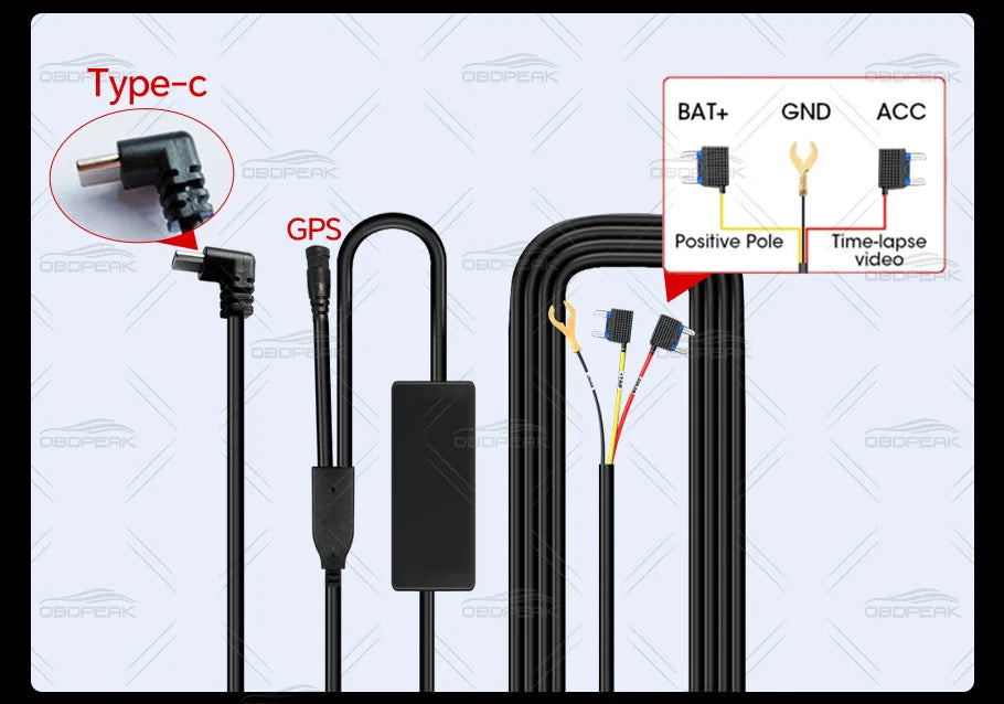 OBDPEAK Hardwire Kit - 24H Dash Cam Parking Monitor Power Cable with GPS Port for K8/K8s/K8 Pro - Flexivo