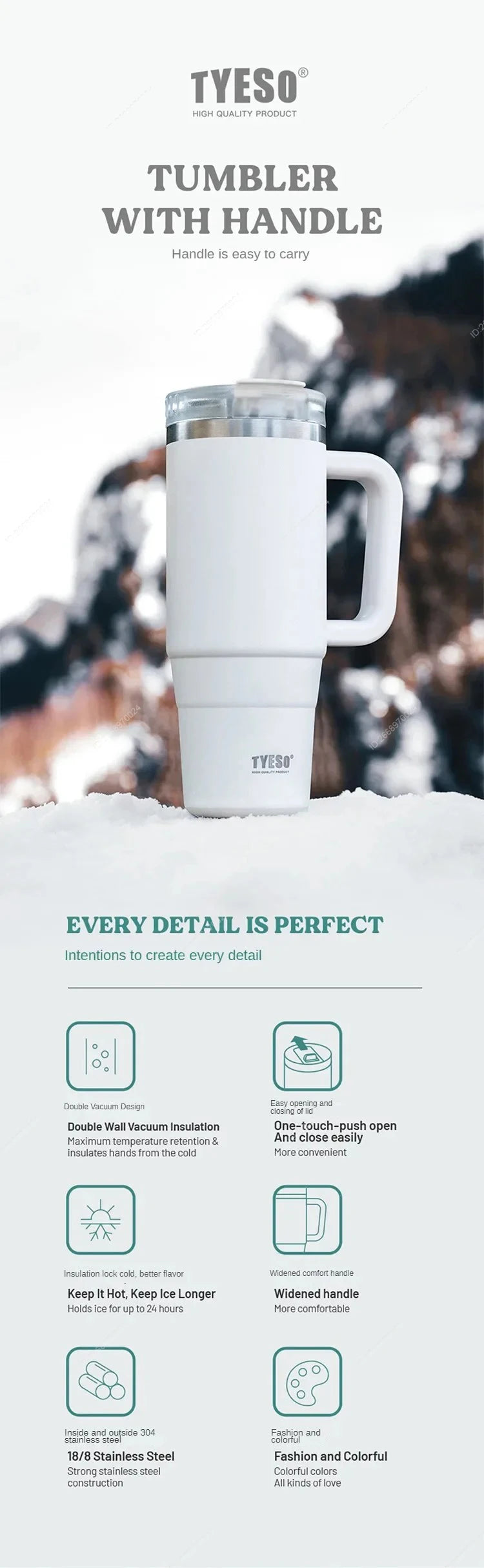 TYESO Vacuum Insulated Travel Mug with Handle & Straw - 900ml & 1200ml