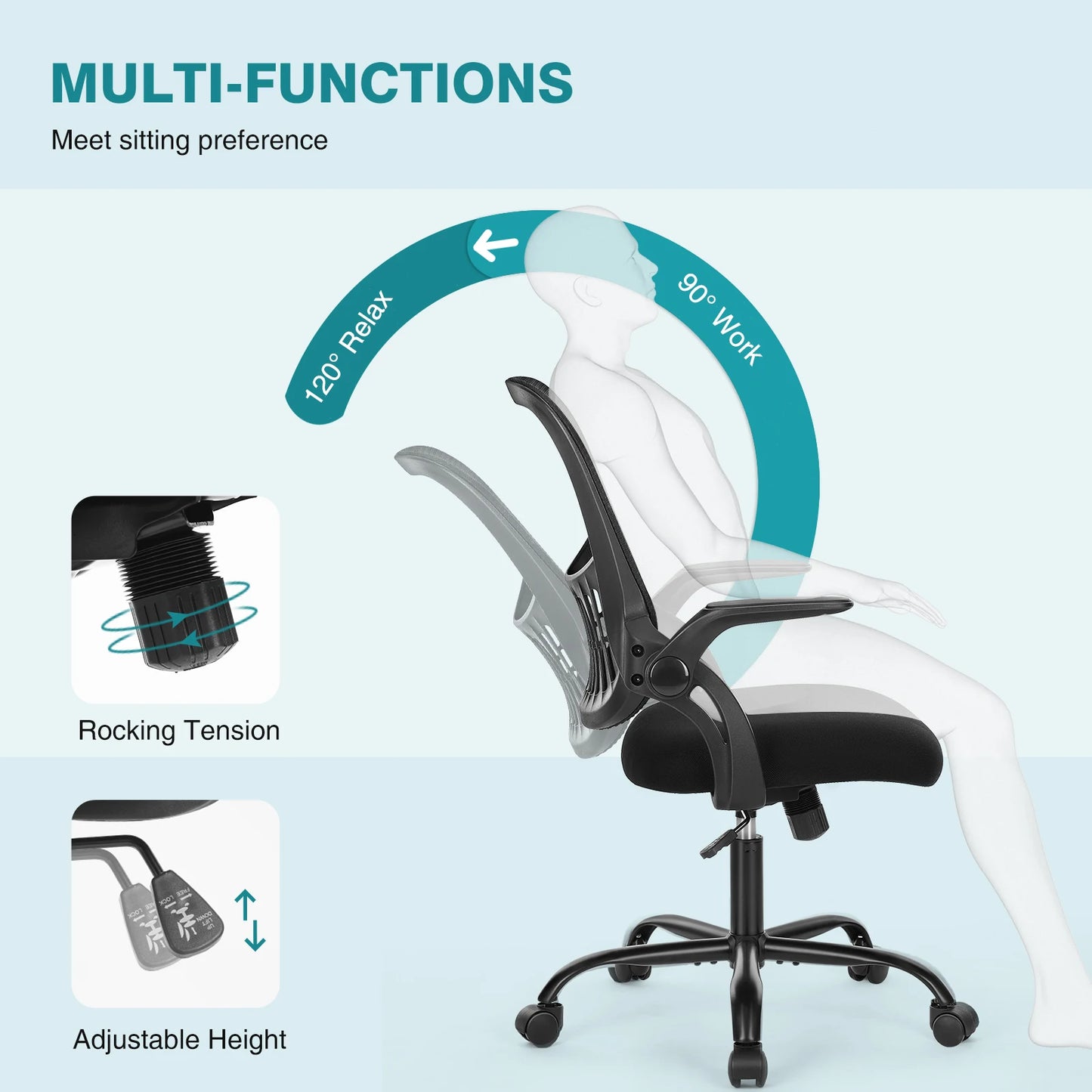Ergonomic Mesh Office Chair, No Headrest, Adjustable Height & Armrests