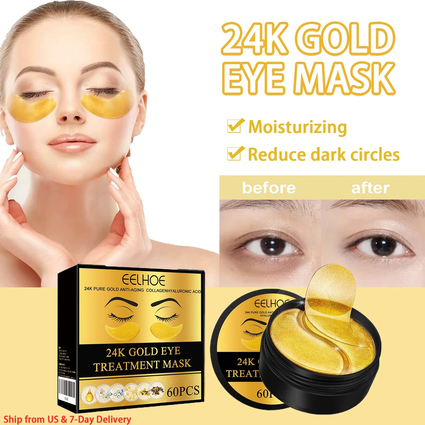 24K Gold Eye Masks - 60 Patches for Dark Circles, Puffiness & Anti-Aging