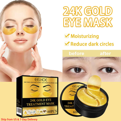 24K Gold Eye Masks - 60 Patches for Dark Circles, Puffiness & Anti-Aging