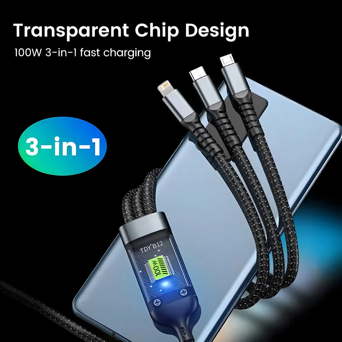 3-in-1 Braided USB Charging Cable - 47.2 in