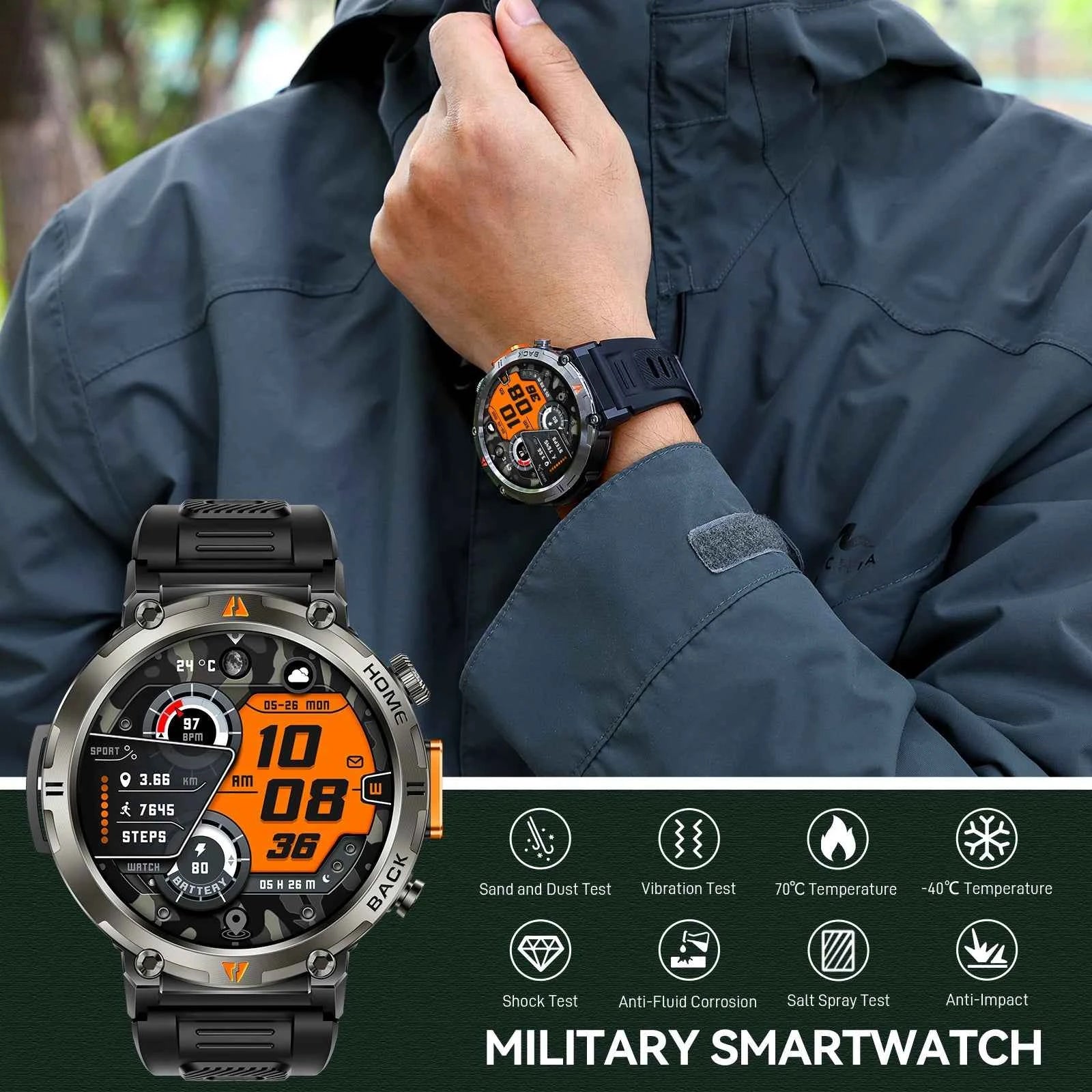 KE3 Military Smart Watch with Bluetooth Calls, Health Monitor, and LED Flashlight for Men - Flexivo