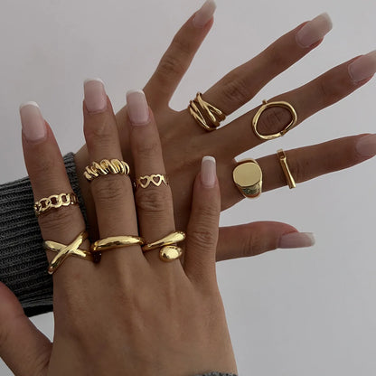 10-Piece Geometric Ring Set - Gold & Silver Stainless Steel Cuff Rings