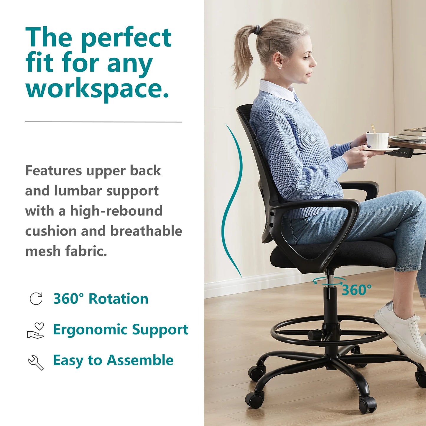 Ergonomic Mesh Office Chair, No Headrest, Adjustable Height & Armrests