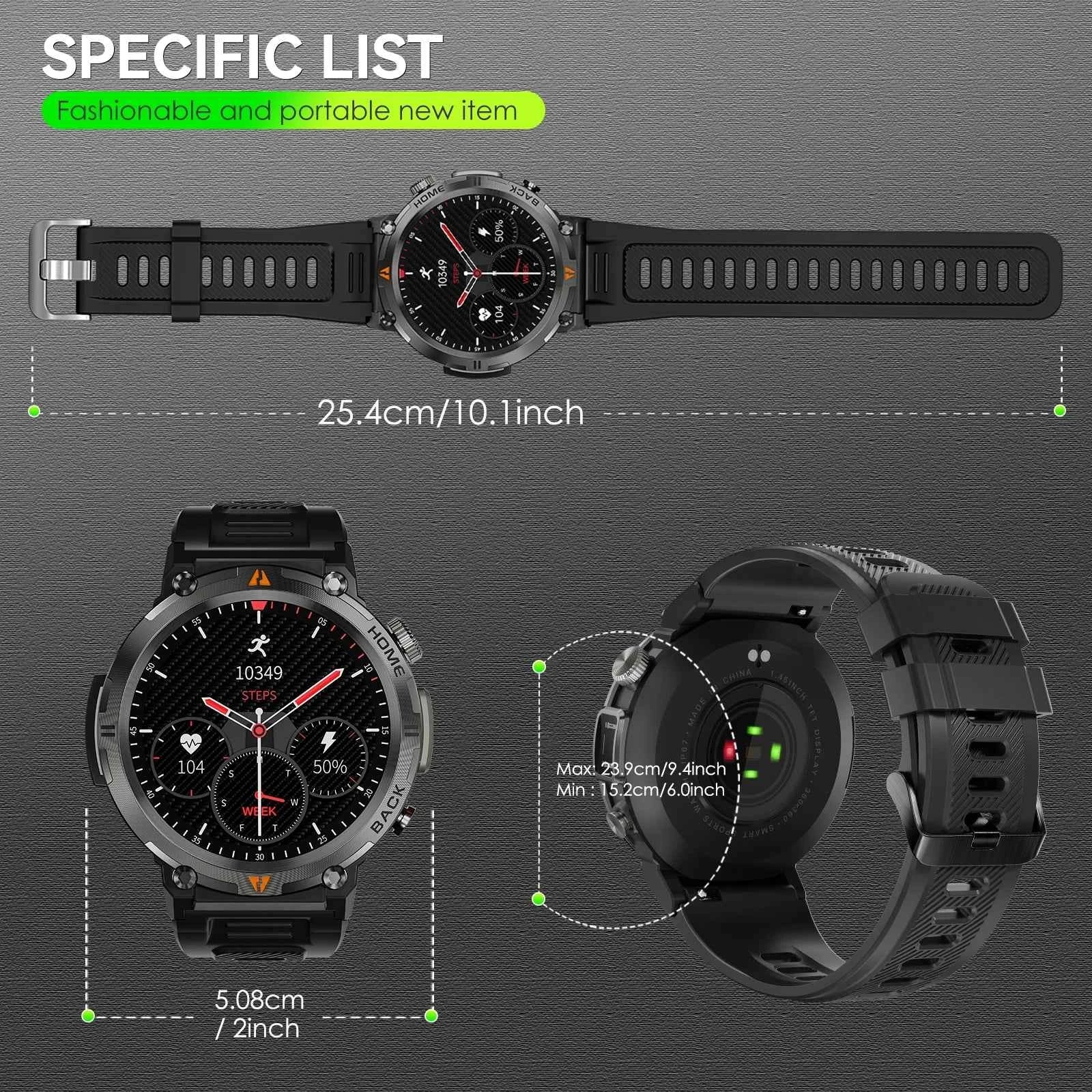 KE3 Military Smart Watch with Bluetooth Calls, Health Monitor, and LED Flashlight for Men - Flexivo