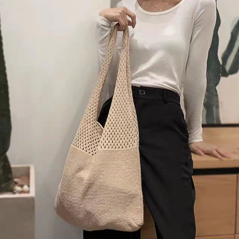 Crochet Tote Bag - Handwoven Hollow Knit Handbag for Women