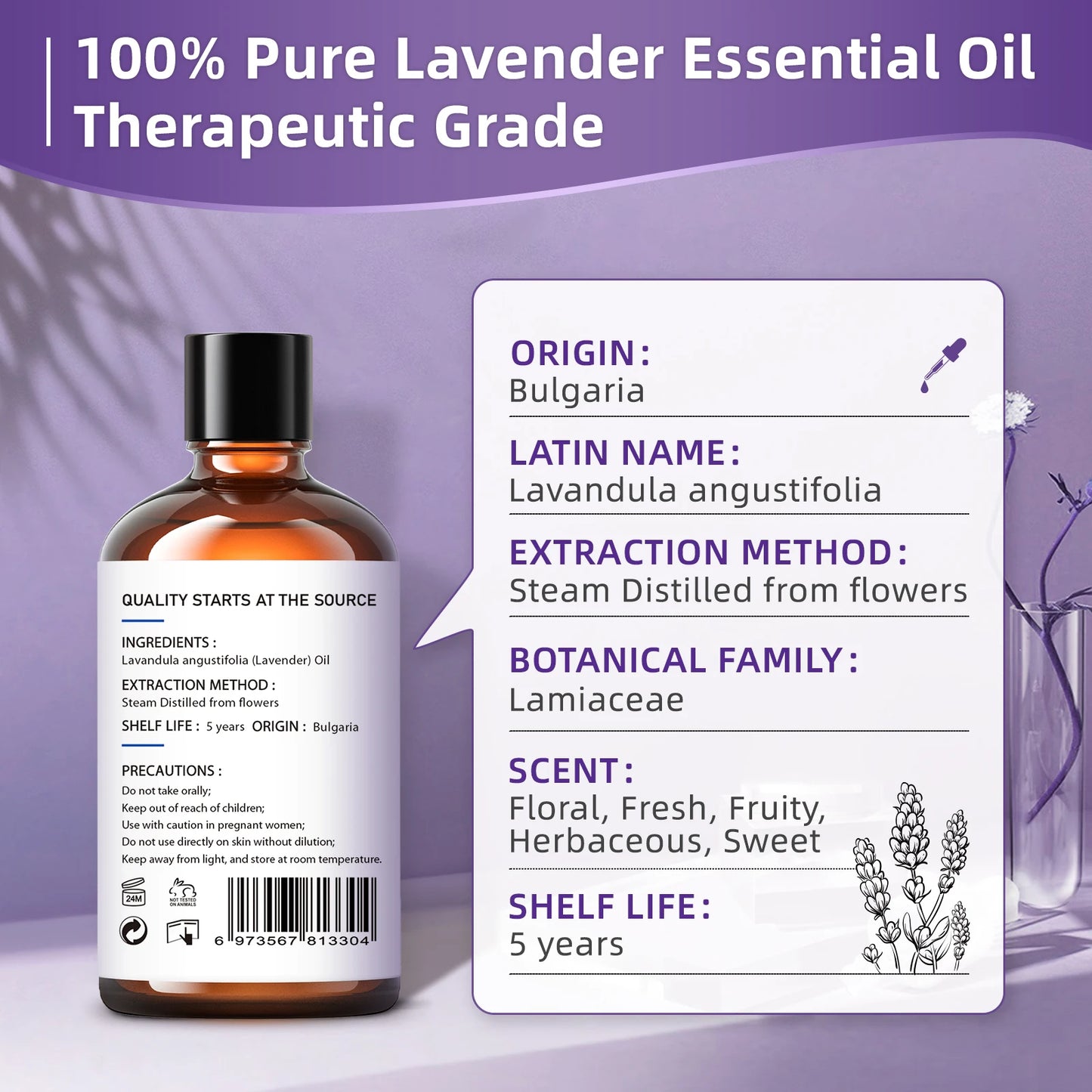 100ml Pure Lavender Essential Oil - Aromatherapy Grade for Diffuser, Humidifier, Massage & Candle Making