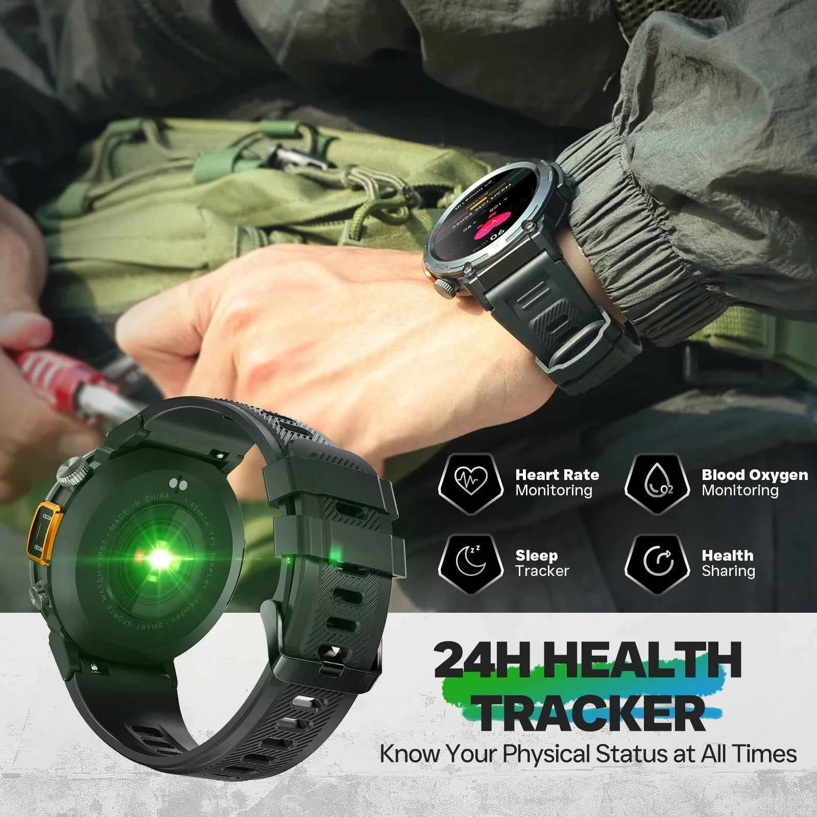 KE3 Military Smart Watch with Bluetooth Calls, Health Monitor, and LED Flashlight for Men - Flexivo