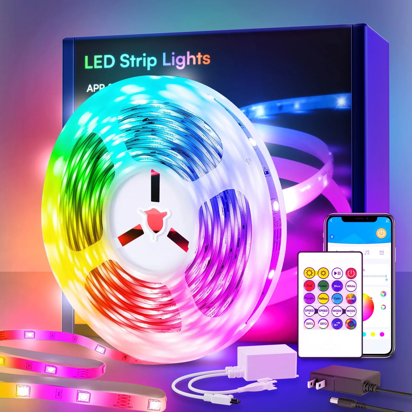 Smart LED Light Strip - Color Changing RGB with Music Sync & App Control (25/50/100/130ft)