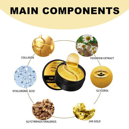 24K Gold Eye Masks - 60 Patches for Dark Circles, Puffiness & Anti-Aging