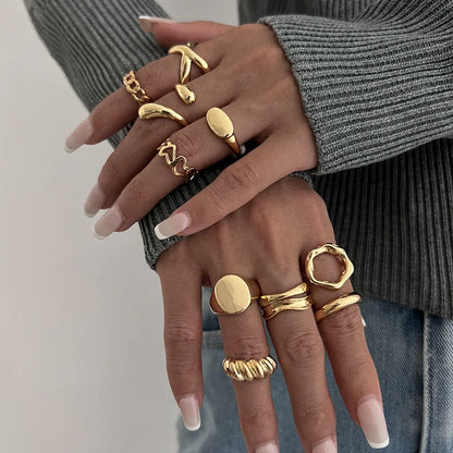 10-Piece Geometric Ring Set - Gold & Silver Stainless Steel Cuff Rings