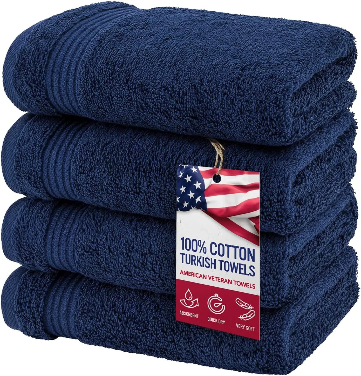 Turkish 100% Cotton Hand Towels – Set of 4, Navy Blue