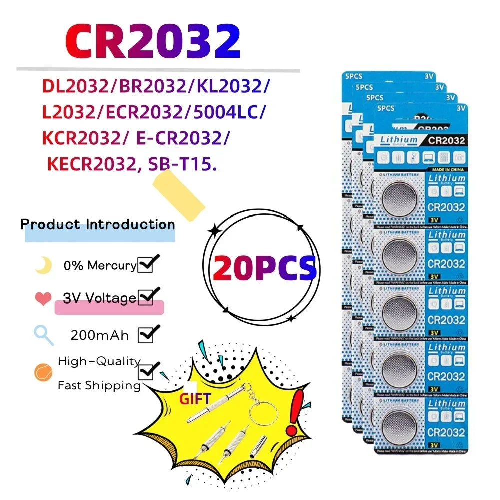 CR2032 Lithium Button Cell Batteries - 3V Coin Battery for Car Keys, Watches & Electronics