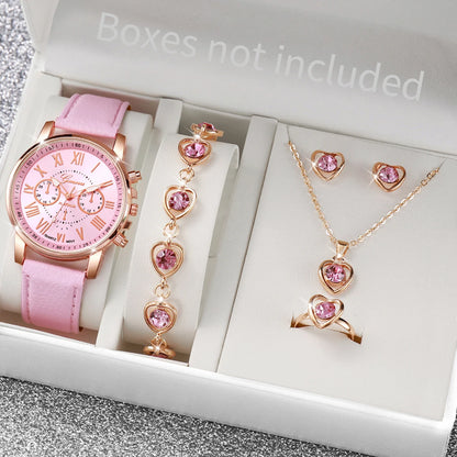 Women's Quartz Watch & Heart Jewelry Set