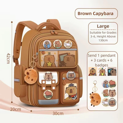 Capybara Backpack with Cards, Badges & Plush Doll – Waterproof School Bag