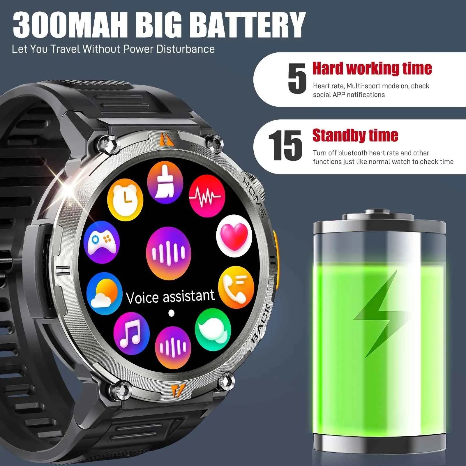 KE3 Military Smart Watch with Bluetooth Calls, Health Monitor, and LED Flashlight for Men - Flexivo