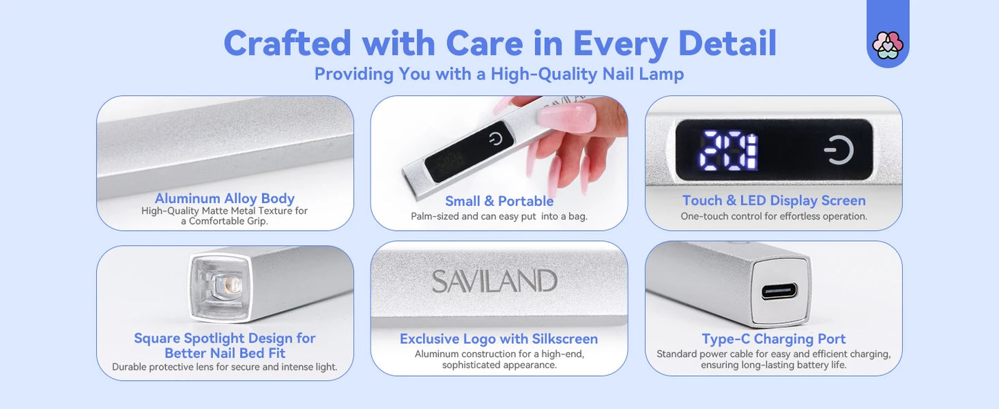 SAVILAND Rechargeable UV LED Nail Lamp - Portable Mini Nail Dryer with Magnetic Stand & LCD Timer