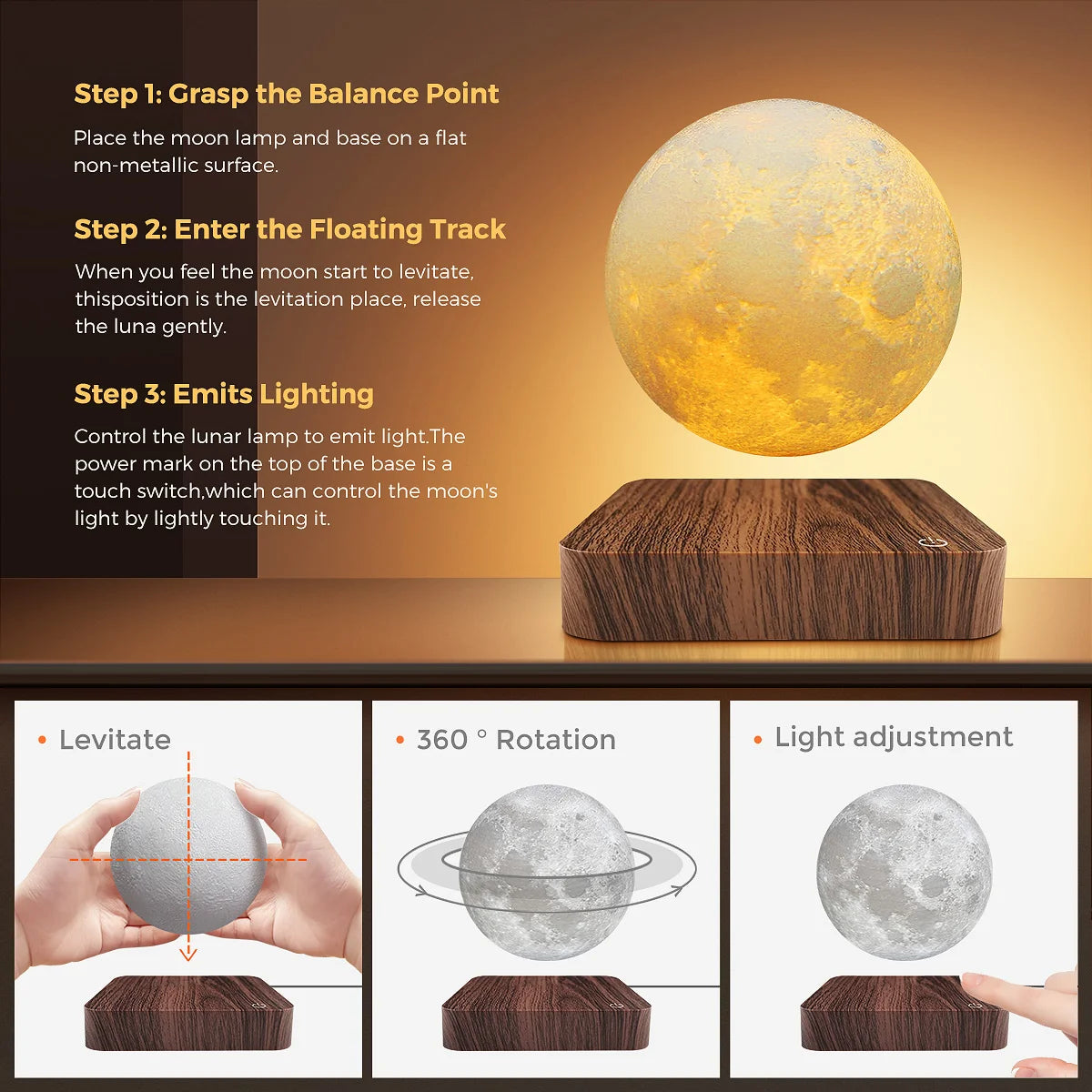 Magnetic Levitating Moon Lamp with Wooden Base