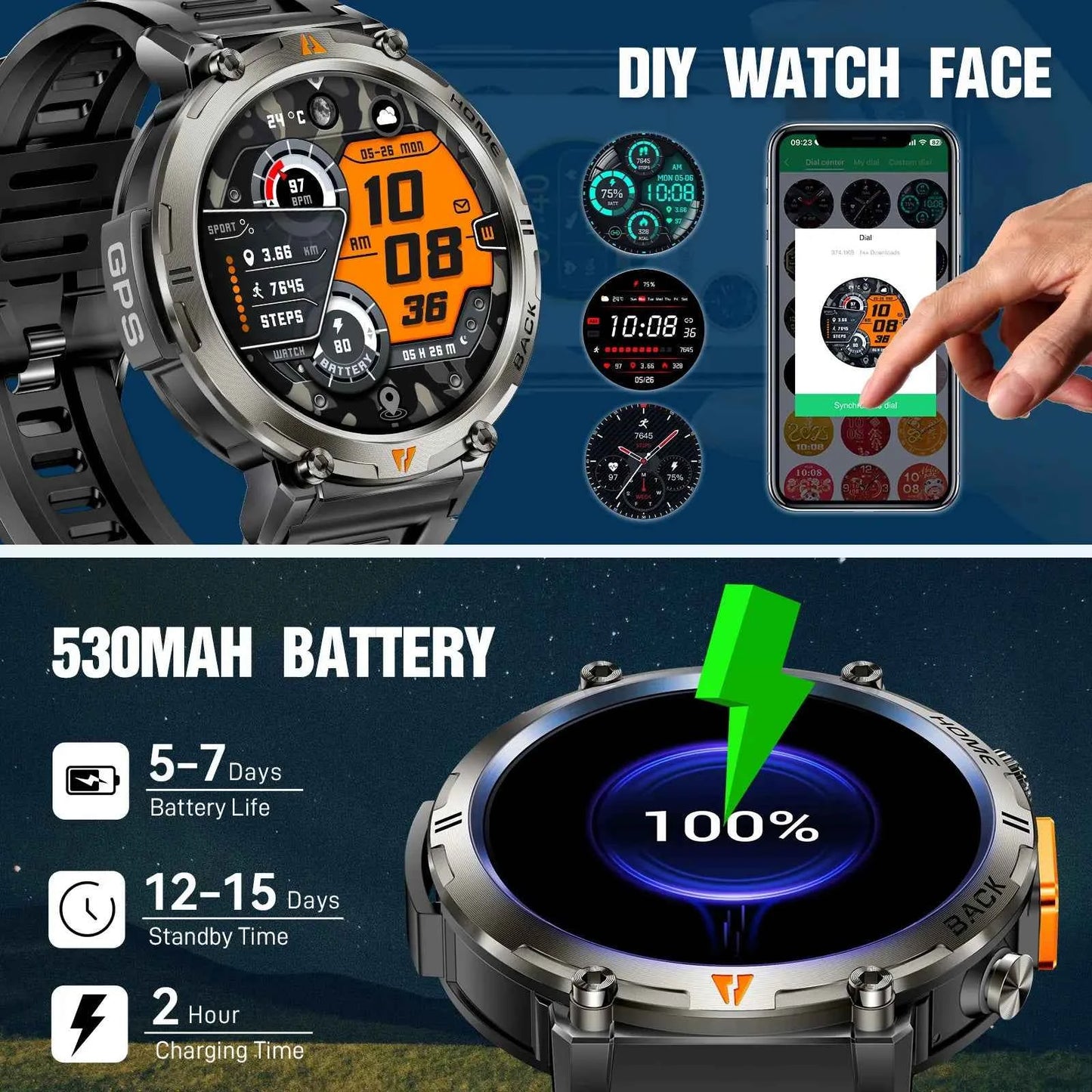 KE3 Military Smart Watch with Bluetooth Calls, Health Monitor, and LED Flashlight for Men - Flexivo