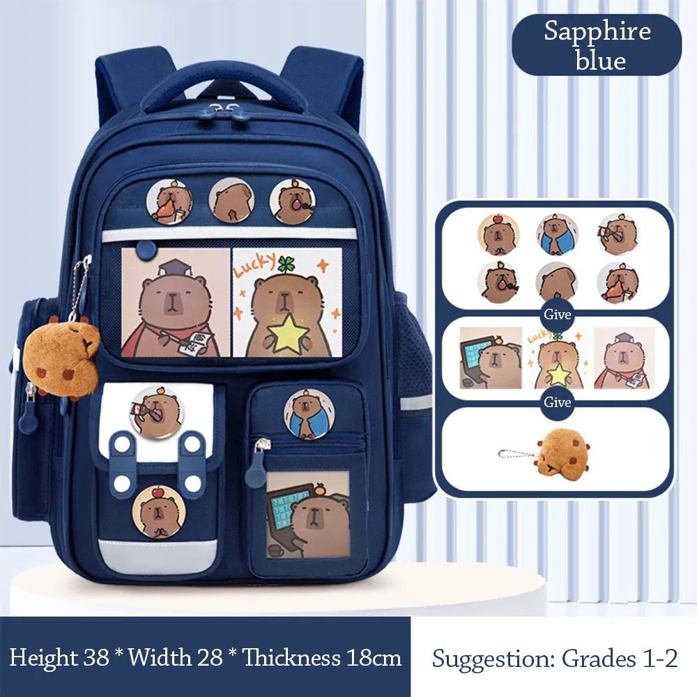Capybara Backpack with Cards, Badges & Plush Doll – Waterproof School Bag