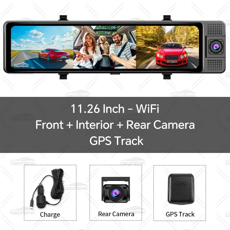 4K WiFi 3-Channel Dash Cam - 11.26" Rearview Mirror with Front, Rear & Interior Cameras