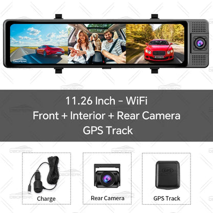 4K WiFi 3-Channel Dash Cam - 11.26" Rearview Mirror with Front, Rear & Interior Cameras