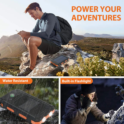 20000mAh Solar Power Bank - Waterproof Portable Charger with Dual USB Ports & LED Flashlight