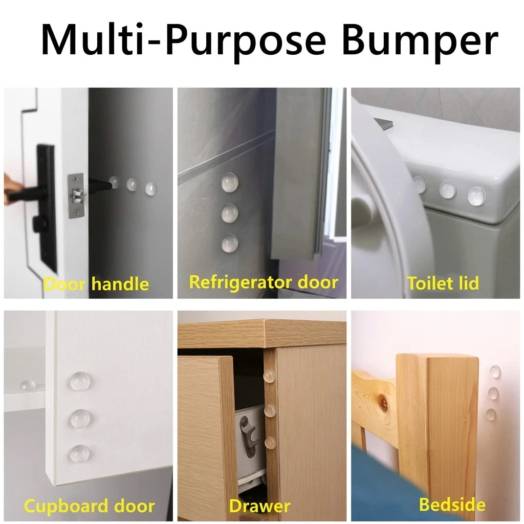 Multi-purpose bumper demonstrating its use on various surfaces including a door handle, refrigerator door, toilet lid, cupboard door, drawer, and bedside.