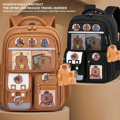 Capybara Backpack with Cards, Badges & Plush Doll – Waterproof School Bag