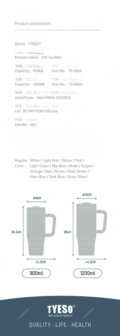 TYESO Vacuum Insulated Travel Mug with Handle & Straw - 900ml & 1200ml