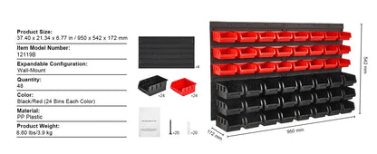 Wall Mounted Storage Bins - 30/48 Piece Parts Organizer Rack with Panels & Hooks for Garage Workshop