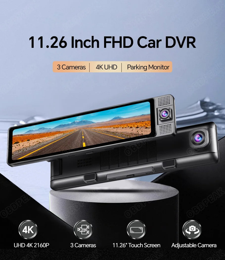 4K WiFi 3-Channel Dash Cam - 11.26" Rearview Mirror with Front, Rear & Interior Cameras