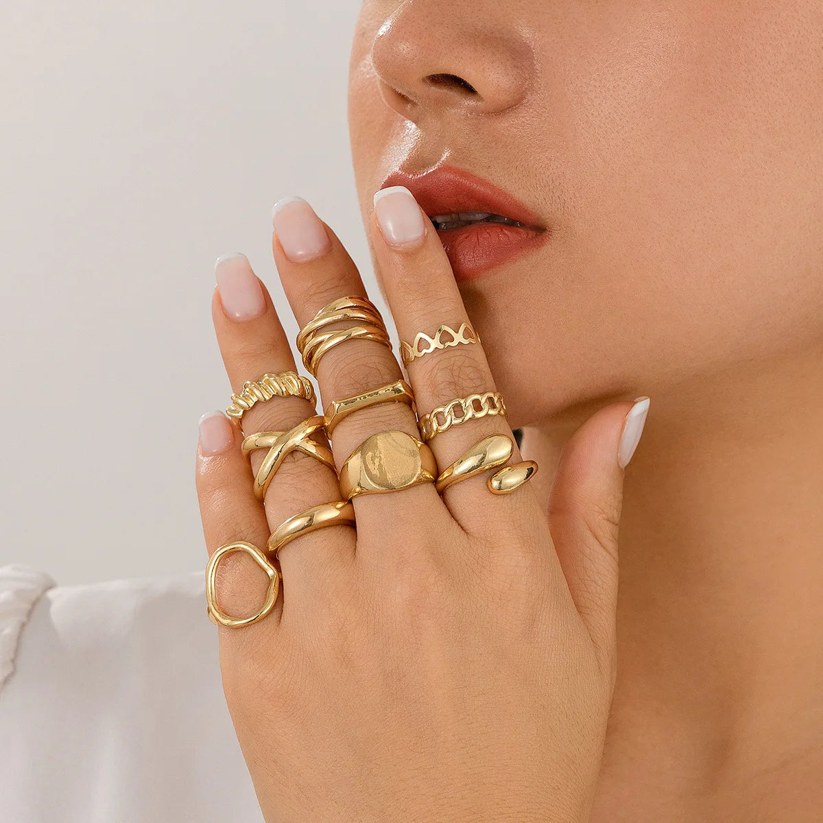 10-Piece Geometric Ring Set - Gold & Silver Stainless Steel Cuff Rings