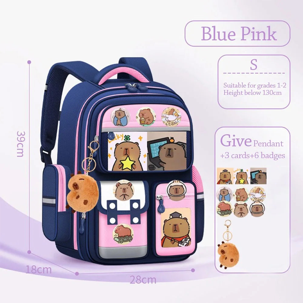 Capybara Backpack with Cards, Badges & Plush Doll – Waterproof School Bag