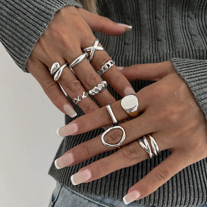 10-Piece Geometric Ring Set - Gold & Silver Stainless Steel Cuff Rings