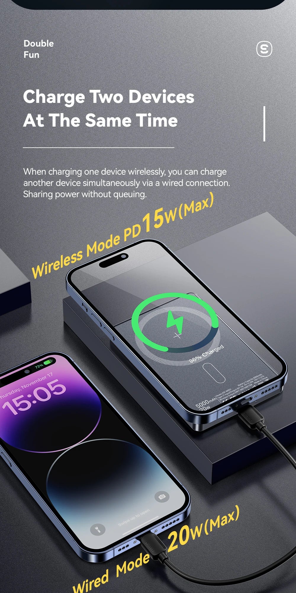 5000mAh Wireless Power Bank - Slim Design, 20W MagSafe Compatible Fast Charging - Flexivo