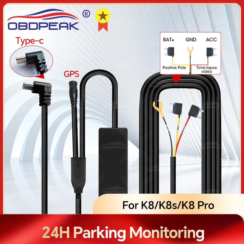 OBDPEAK Hardwire Kit - 24H Dash Cam Parking Monitor Power Cable with GPS Port for K8/K8s/K8 Pro - Flexivo