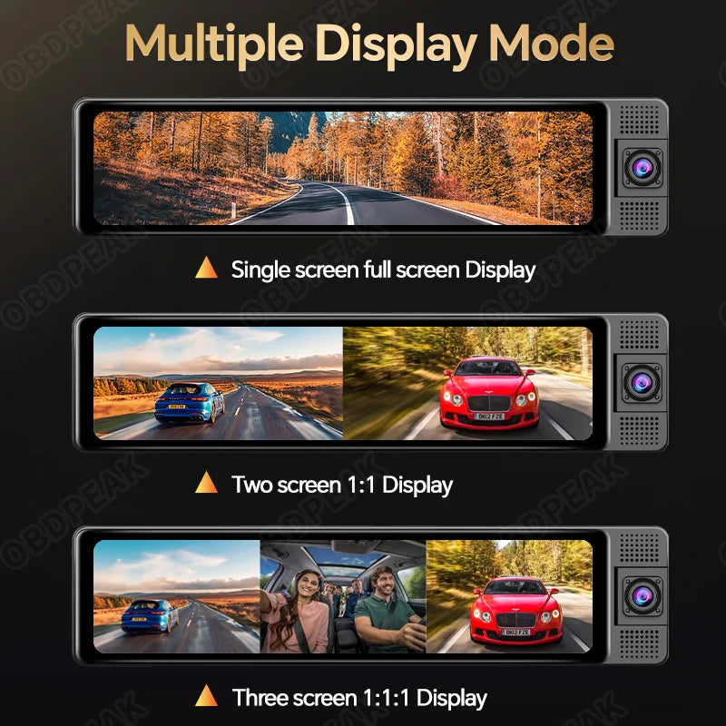 4K WiFi 3-Channel Dash Cam - 11.26" Rearview Mirror with Front, Rear & Interior Cameras