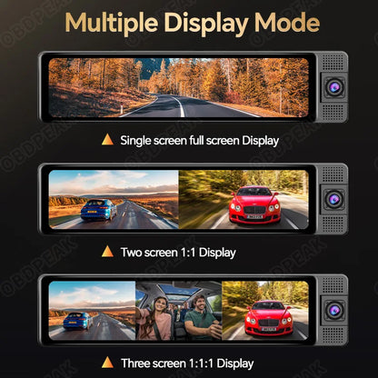 4K WiFi 3-Channel Dash Cam - 11.26" Rearview Mirror with Front, Rear & Interior Cameras