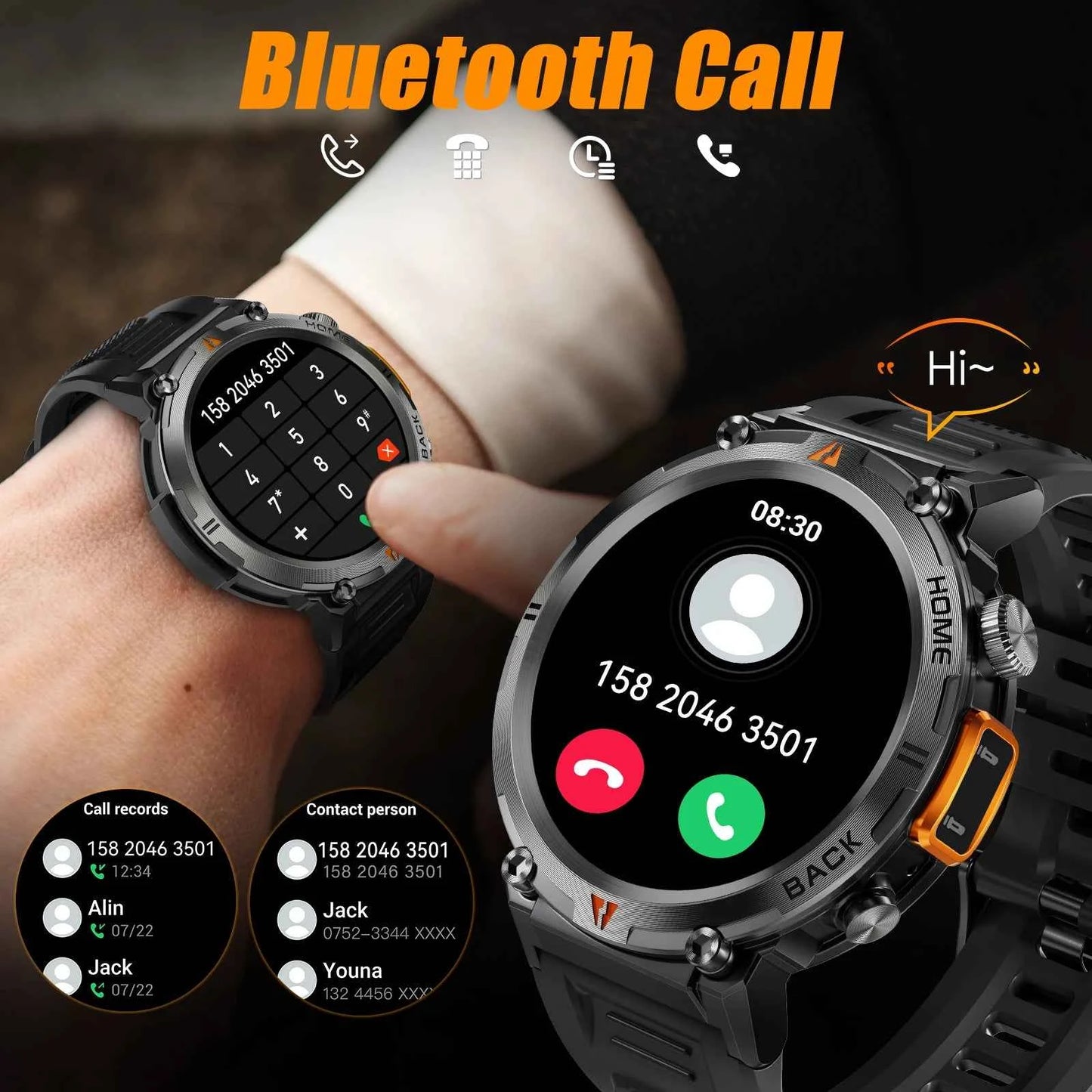 KE3 Military Smart Watch with Bluetooth Calls, Health Monitor, and LED Flashlight for Men - Flexivo