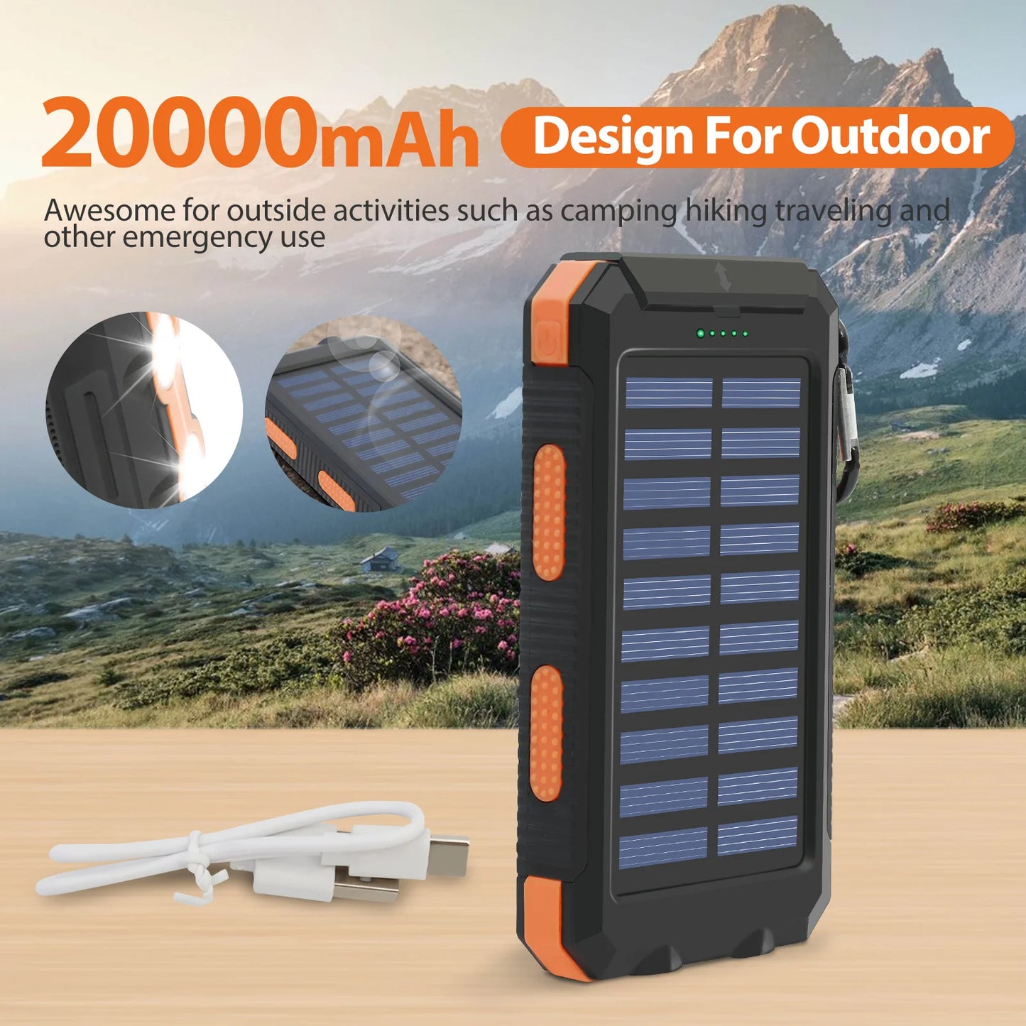 20000mAh Solar Power Bank - Waterproof Portable Charger with Dual USB Ports & LED Flashlight