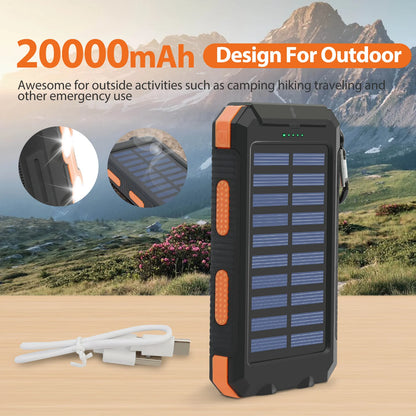 20000mAh Solar Power Bank - Waterproof Portable Charger with Dual USB Ports & LED Flashlight